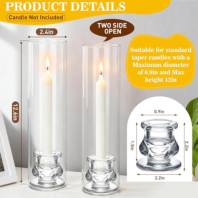 3 Set Hurricane Glass Candlestick Holders 12.6" Two Side Open Glass Candle Holders and 2.2" Taper Candlesticks Holder Bulk for Table Centerpiece Wedding Christmas Home Decor