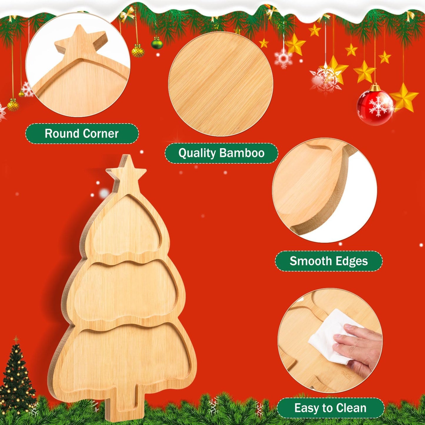 AWIZOM 3 Pcs Christmas Tree Wooden Serving Platters Christmas Bamboo Serving Trays Decorative Wood Charcuterie Boards Wooden Snacks Dish Plates for Xmas Holiday Housewarming Presents,3 Styles