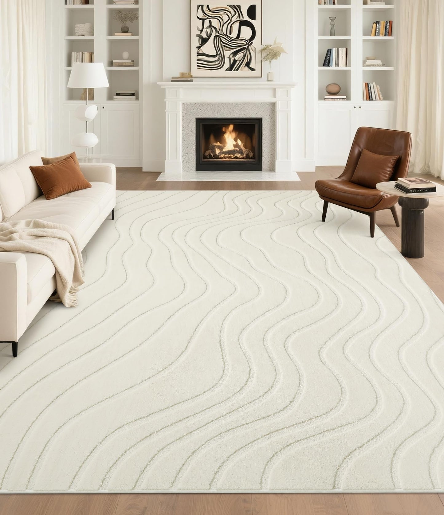 YIHOUSE 6x9 Abstract Wave Striped Area Rug, Modern Washable High-Low Pile Rug, Soft Textured Carpet for Living Room, Bedroom,Dining Room, Beige Ivory White