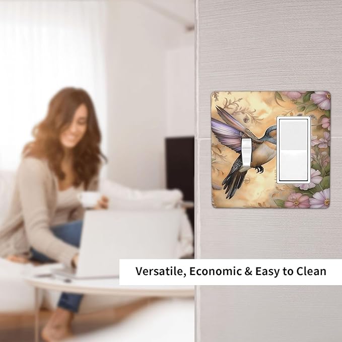 Decorative Art Light Switch Covers Blossom & Hummingbird 2 Gang Single Toggle Rocker Combination Electrical Faceplate Switchplate Wall Plate for Home Decor