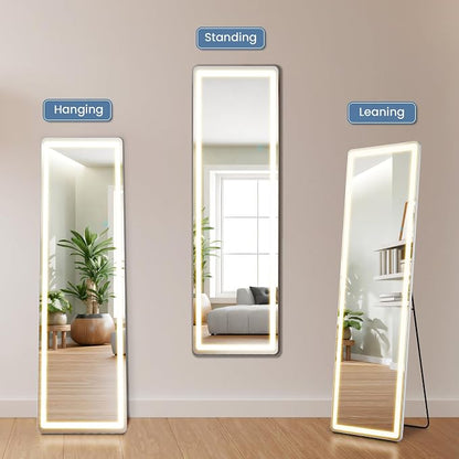 OLIXIS 16"x 60" LED Full Length Mirror with Lights, Standing Lighted Floor Full Body Mirror with 3 Color Lighting, Wall Mounted Mirrors for Bedroom, Bathroom, Entryway with Tempered Glass
