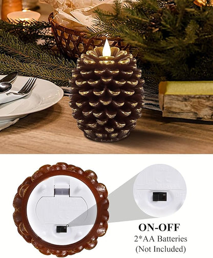 YAUNGEL 2 Pcs Pine Cone Candles Flameless with Remote Timer, Real Wax Christmas Battery Operated Pine Cone Candles, 3D Wick Battery Candle Flickering for Christmas Thanksgiving Day Holiday Home Decor