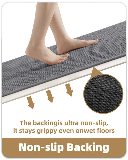 Color&Geometry Rubber Backed Waffle Bath Mat 47x17, Non Slip Water Washable Bathroom Rugs, Soft Absorbent Chenille Boho Carpet for Bathroom Floor, Tub and Shower, Grey