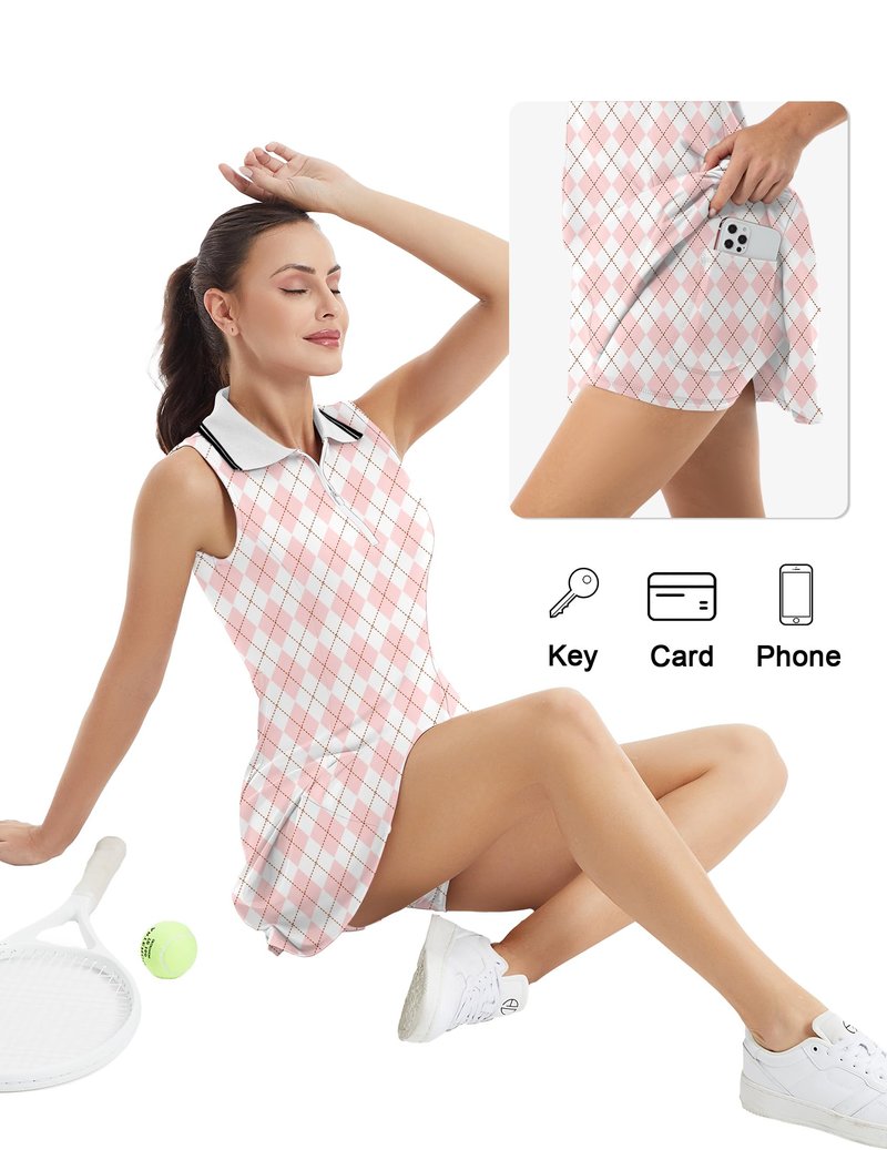 FKEEP Women's Tennis Golf Dress Sport Activewear Workout Athletic Zipper V-Neck with Shorts and Pocket (Pink Checkered, XXL)