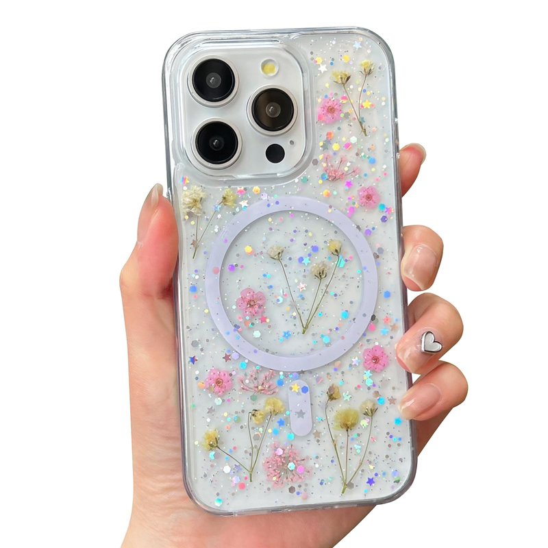 ASONCE Cute Real Flowers for iPhone 16 Pro Max Case [Compatible with MagSafe] Glitter Magnetic Cover with Pressed Dried Floral Women Girly Phone Case for iPhone 16 Pro Max 6.9" - Clear Sparkly