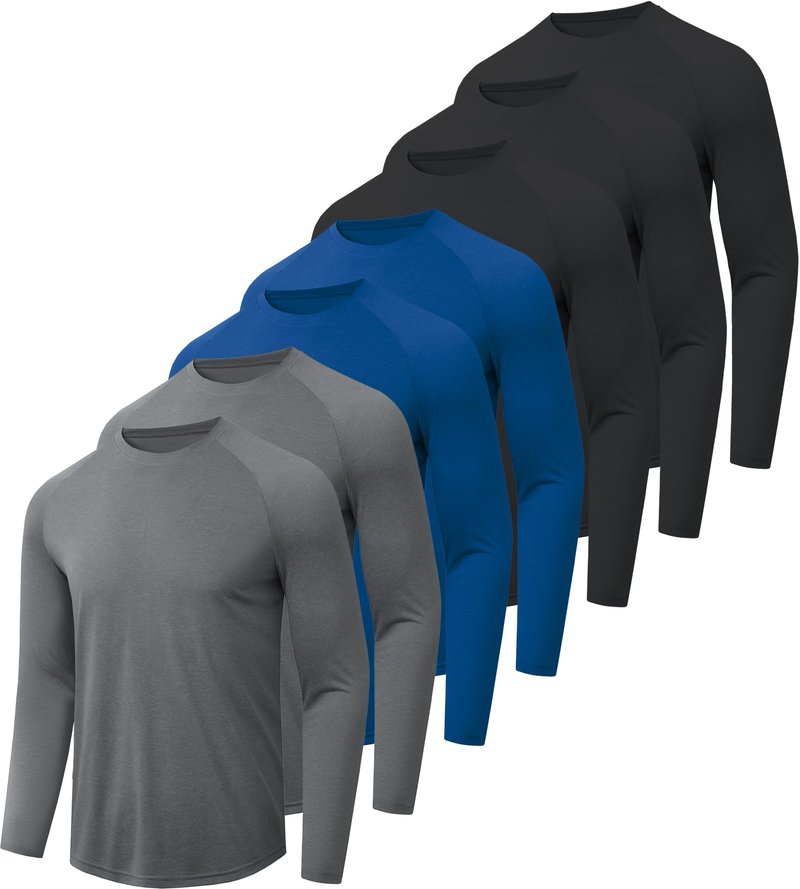 7 Pack Long Sleeve Shirts for Men - Quick Dry Moisture Wicking UPF 50+ Sun Protection T-Shirts for Workout Fishing Casual，Black*3/Dark Grey*2/Blue*2，Large