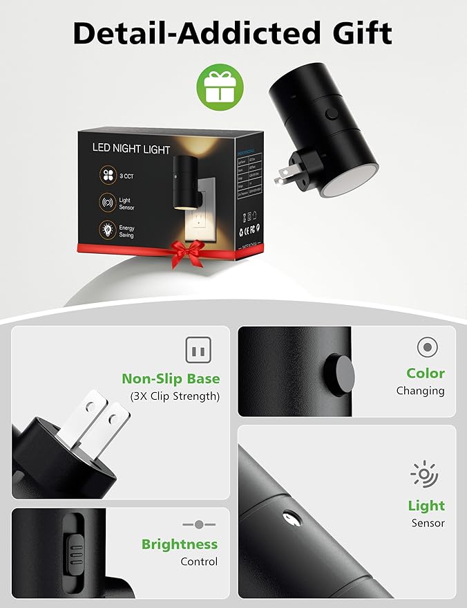 Night Lights Plug Into Wall,3 Color Temperatures LED Night Light Plug in,Dusk to Dawn Sensor,0-100LM Adjustable Brightness,Dimmable Night Lights for Hallway Bathroom Stair Bedroom,Black,6 Pack