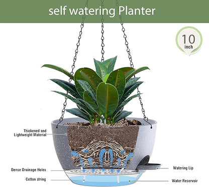 10 Inch Hanging Baskets 2 PC with Chains, Self-Watering Hanging Planters for Indoor Outdoor Plants, Plastic Hanging Flower Pots,Speckled Grey
