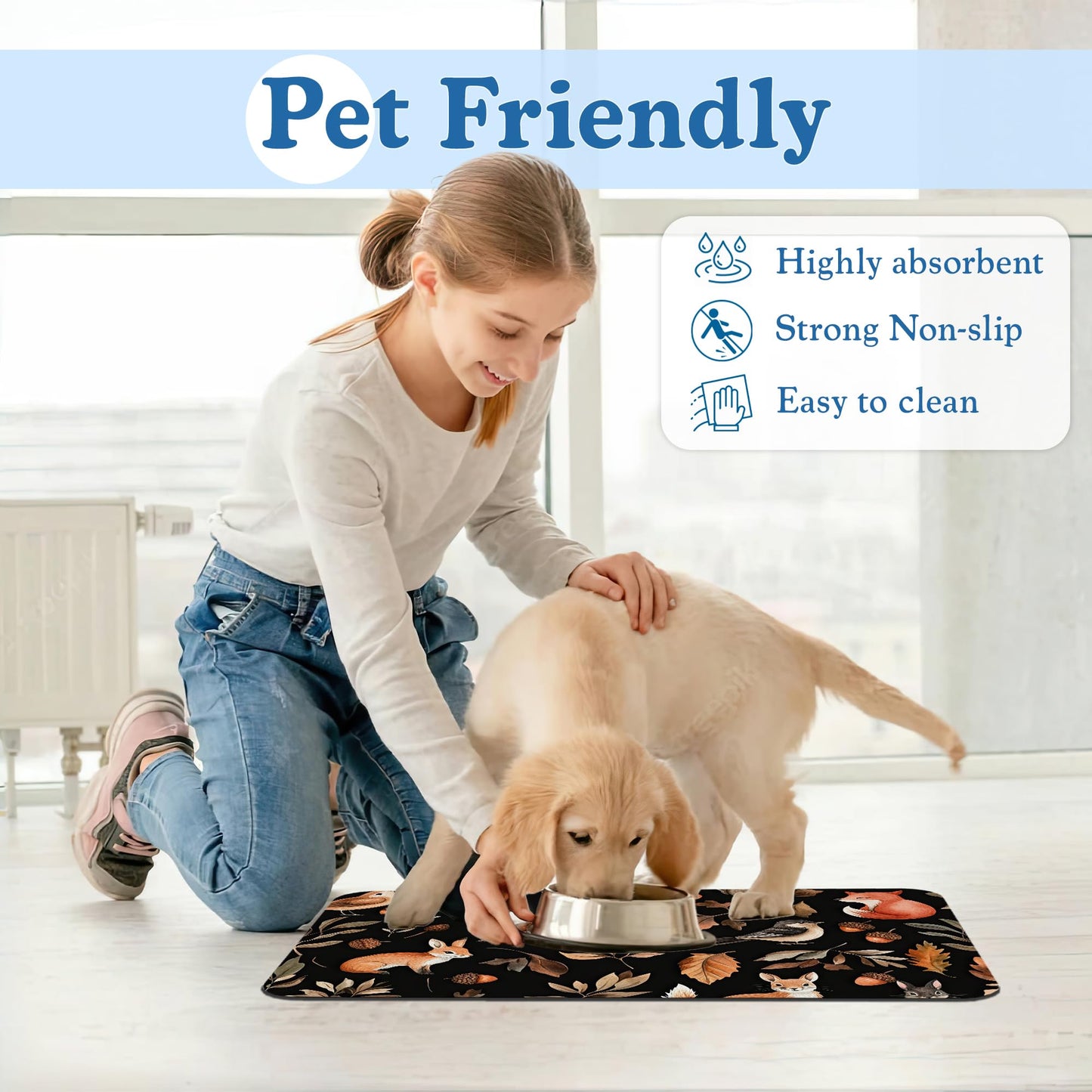 Wild Forest Animals Pet Feeding Mat–Quick Dry Absorbent Dog Cat Food Mat, Non Slip Waterproof Bowl Placemat for Messy Eaters, Pet Accessories for Floors 12"x20"