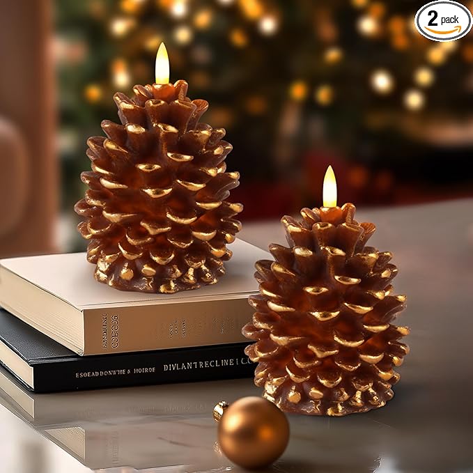 Homemory 2 Pcs Flameless Pine Cone Candle, LED Candles with 6H Timer, Real Wax Battery Operated Candles for Fireplace Decor, Holiday Indoor Decoration,Brown(D3.5 x H5.3 Inch)