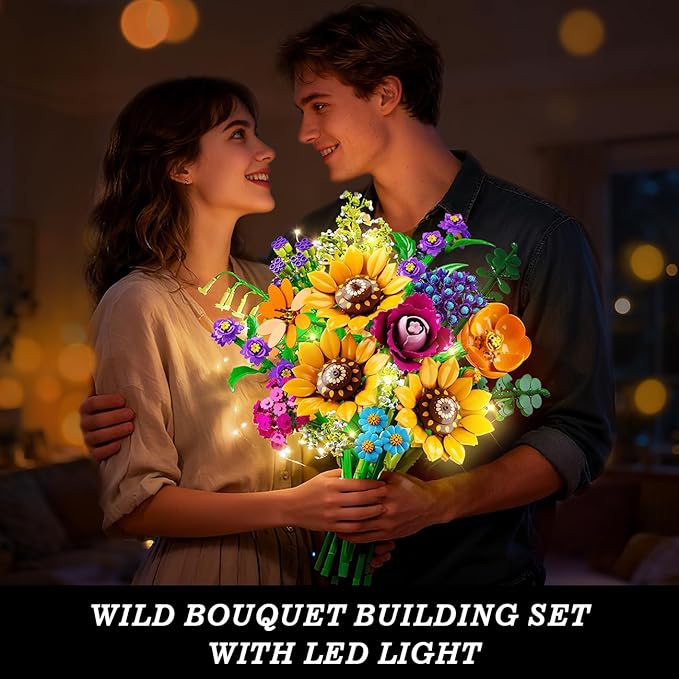 Wild Flowers Bouquet Building Set with Lights - 912PCS Wildflower 18 Botanicals Collection Building Blocks Sunflower Rose Plants Home Decor Easter Gift for Her Mom Women Adults Girls 12+