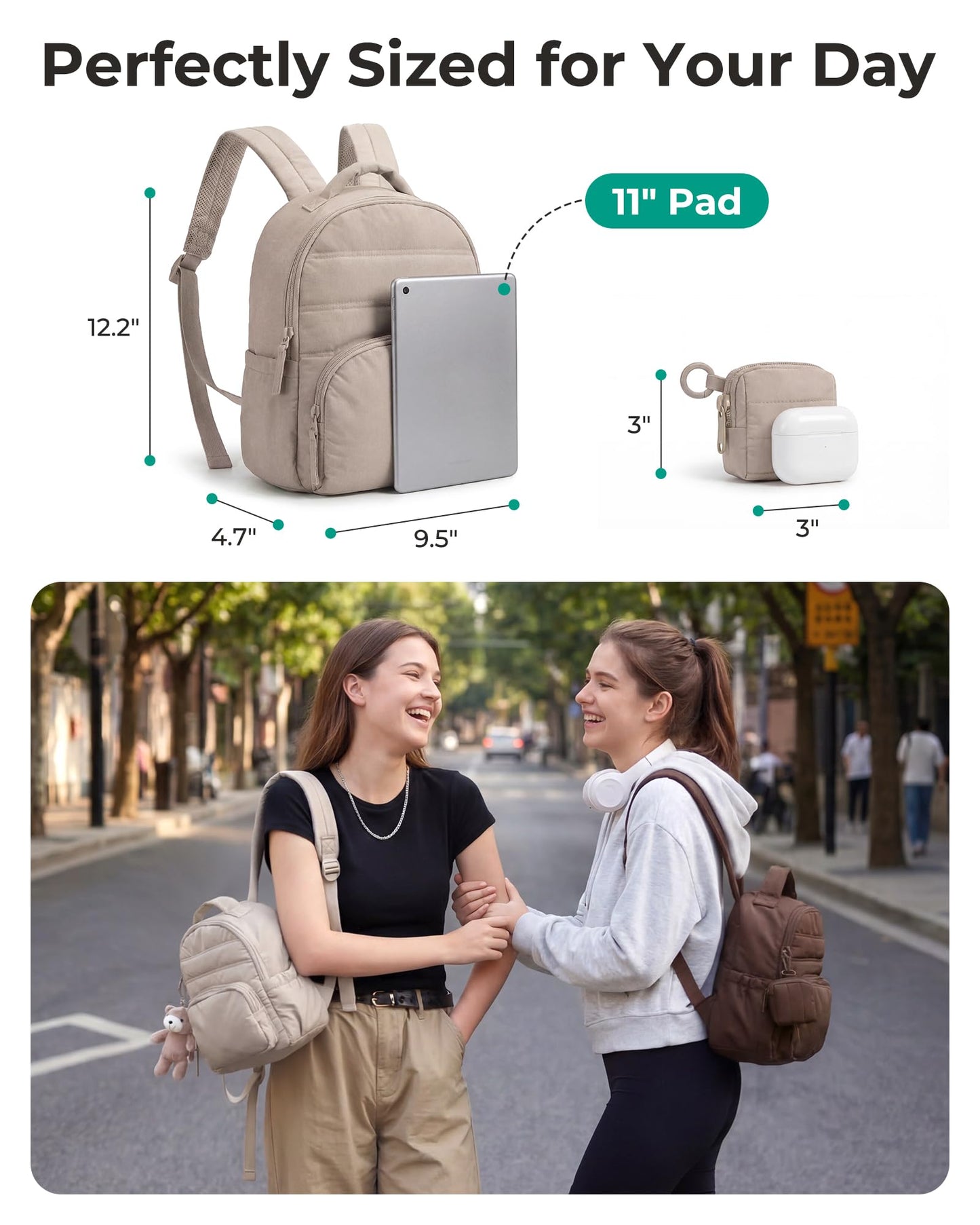 BAGSMART Small Backpacks for Women, Lightweight Puffer Mini Backpack Purse with Pouch, Quilted Casual Daypack, Water-Resistant Bookbag for Daily Travel College, 2-in-1 Set, Latte Brown