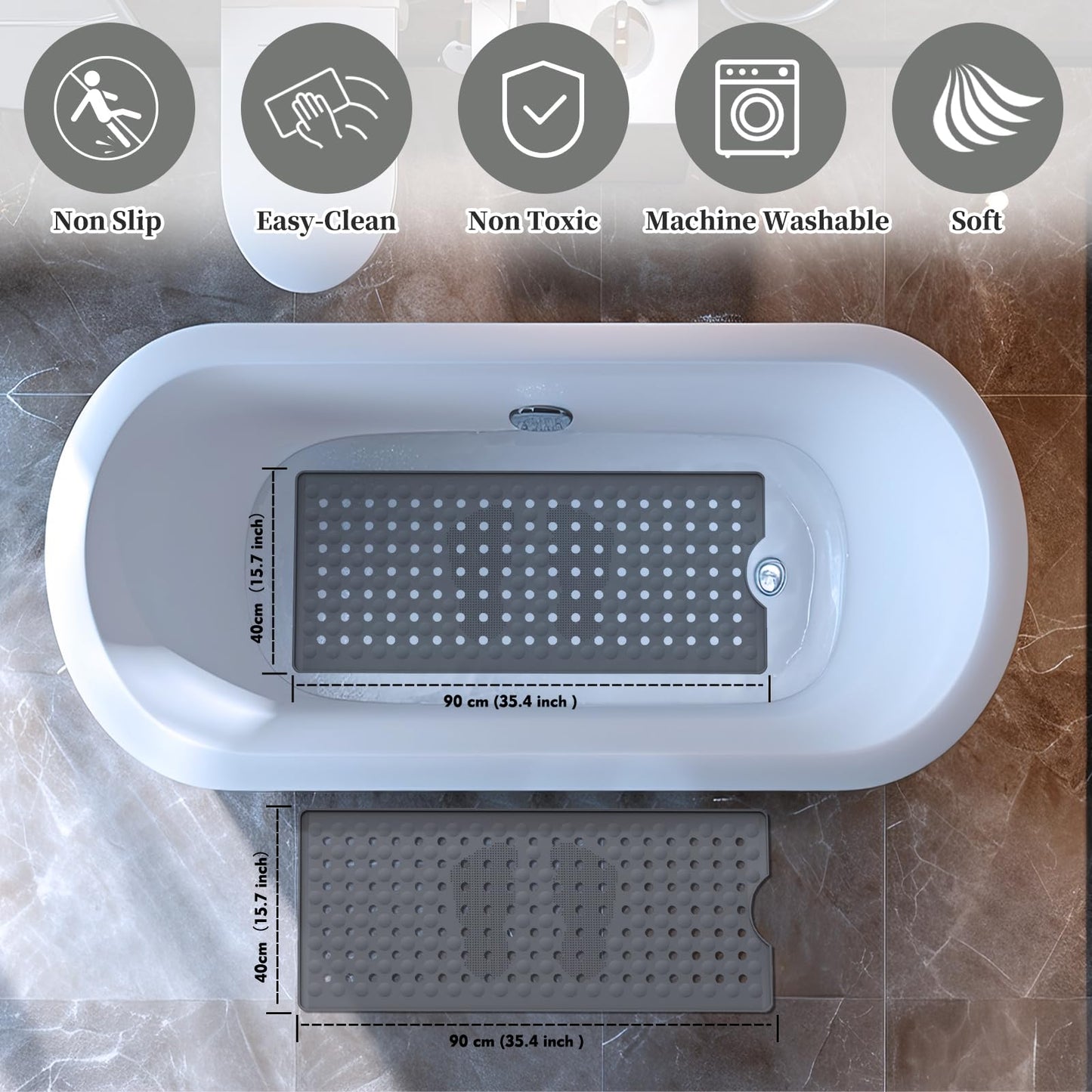 Bath Mat for Tub Non Slip, 35.4 x 15.7 inch Long Bathtub Mats with Suction Cups, Machine Washable Shower Tub Mat for Bathroom Floor and Tub, Soft Silicone Material, Foot Massage Area Design, Gray