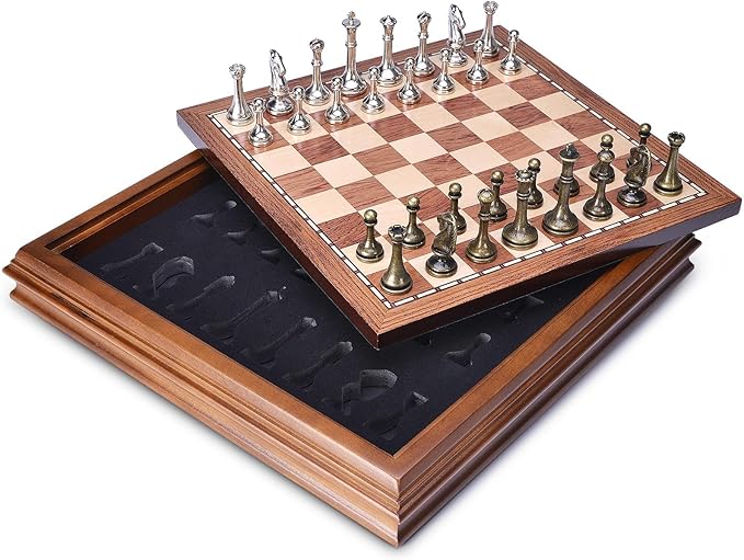 AMEROUS Wooden Chess Board Set with Pieces Storage for Adults Kids 12.5 Inch Chess Set with Metal Pieces Unique Chess Game for Tournament Professional Beginner