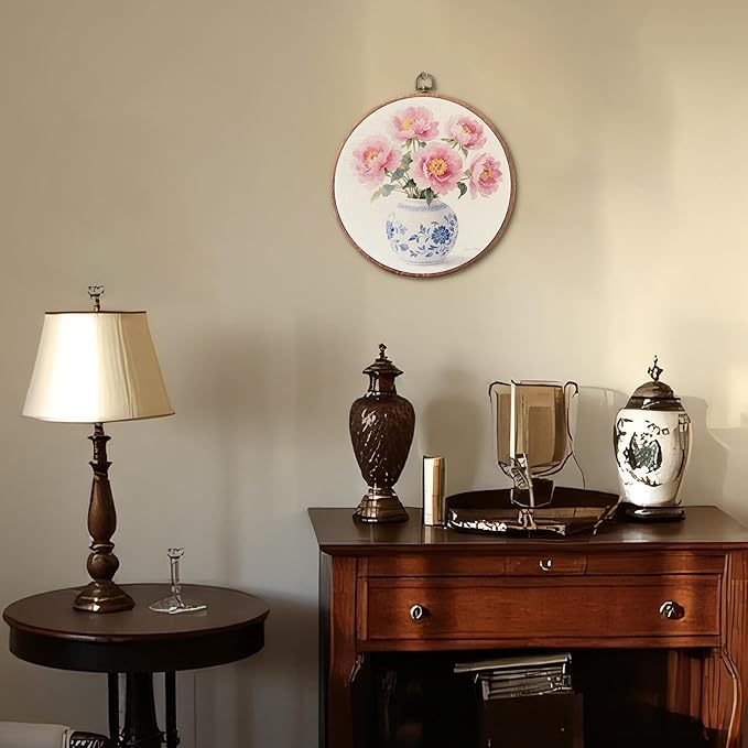 Threegoat Chinoiserie Spring Floral Framed Round Wall Art,Blue and White Hydrangea Flowers Wall Art Decor for Bedroom,Vintage Wall Hanging Decor for Grand Millenial Grandmillennial Home - A02