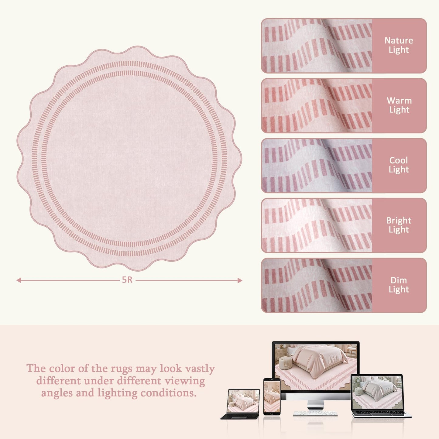 LORWER Washable 5ft Area Rugs for Living Room, Solid Pink Non Slip Rugs for Bedroom Girls, Stain Resistant Scalloped Soft Carpet for Nursery Dorm Dining Room