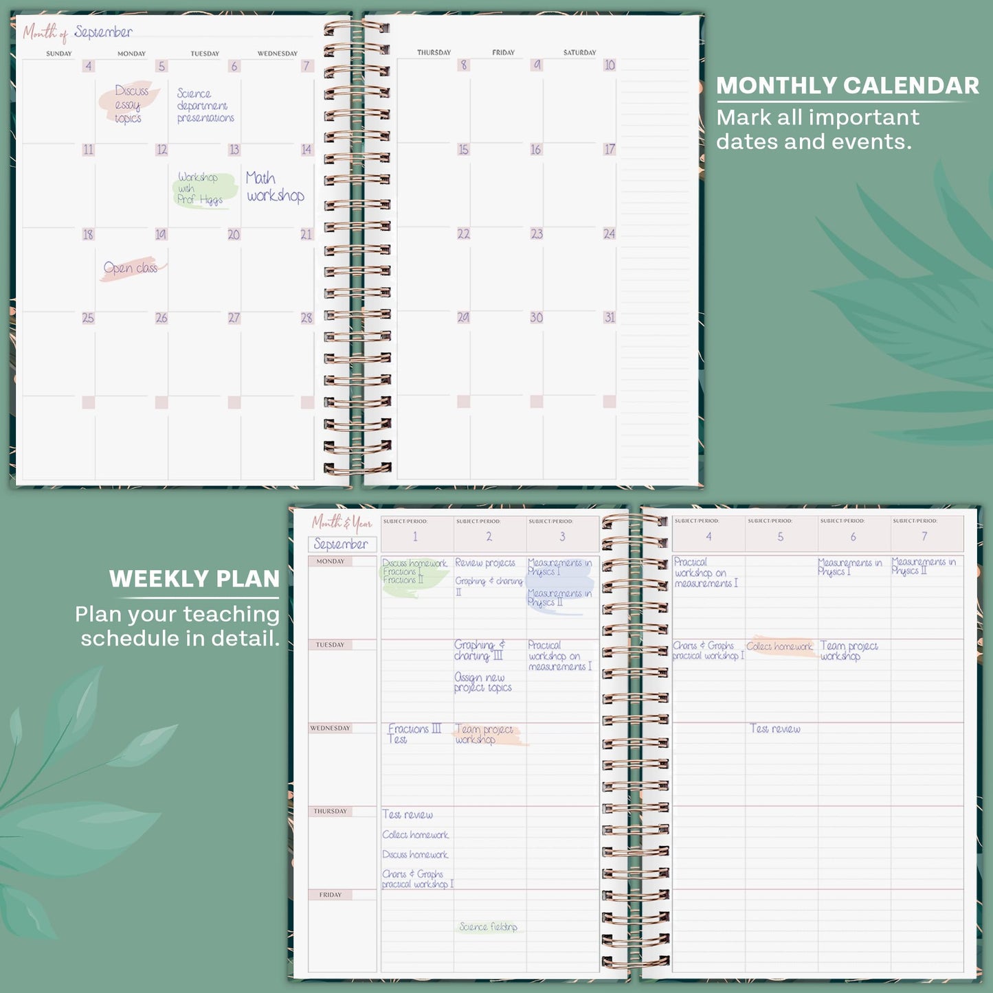 PLANBERRY Teacher Planner – Undated School Year Plan Book for Teachers with Calendars & Lesson Plans – Planner for Classroom Organization & Homeschool – 8”x10.5” Hardcover (Green Pastures)