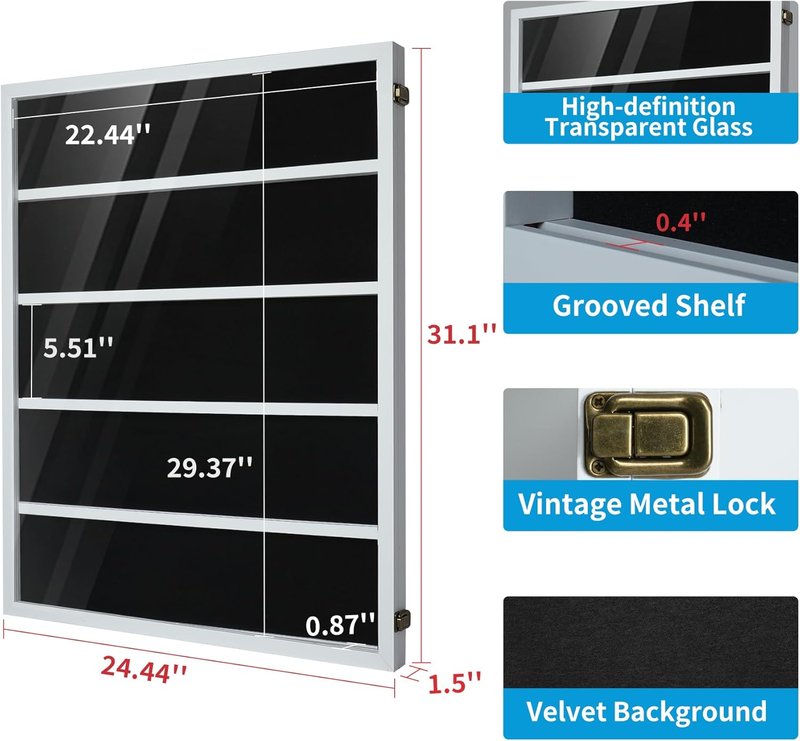 Wooden Sports Card Display Case - Lockable Plexiglass Frame with UV Protection | Holds 35 Graded Football, Baseball & Basketball Cards - White