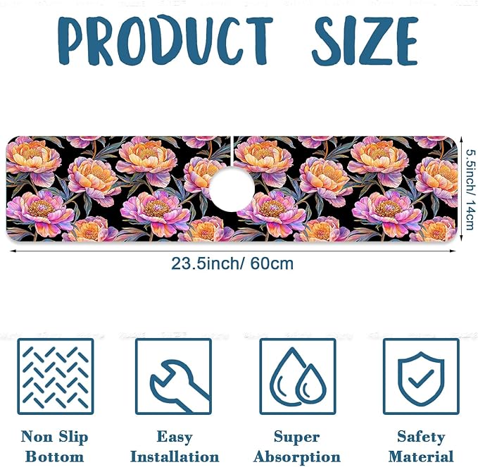 Colorful Peonies Sink Faucet Absorbing Mat Blooming Peonies Super Absorbent