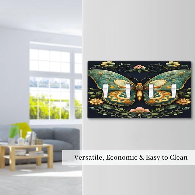Butterfly Ornate with Flower Light Switch Covers Quad Toggle 4 Gang Wall Plate Decorative Switchplate Electrical Faceplate for Farmhouse Bathroom Living Decor