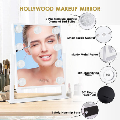 Lighted Makeup Mirror Hollywood Mirror Vanity Mirror with Lights, Touch Control Design 3 Colors Dimable LED Bulbs, Detachable 10X Magnification, 360°Rotation, (White) 12" L x 14" W