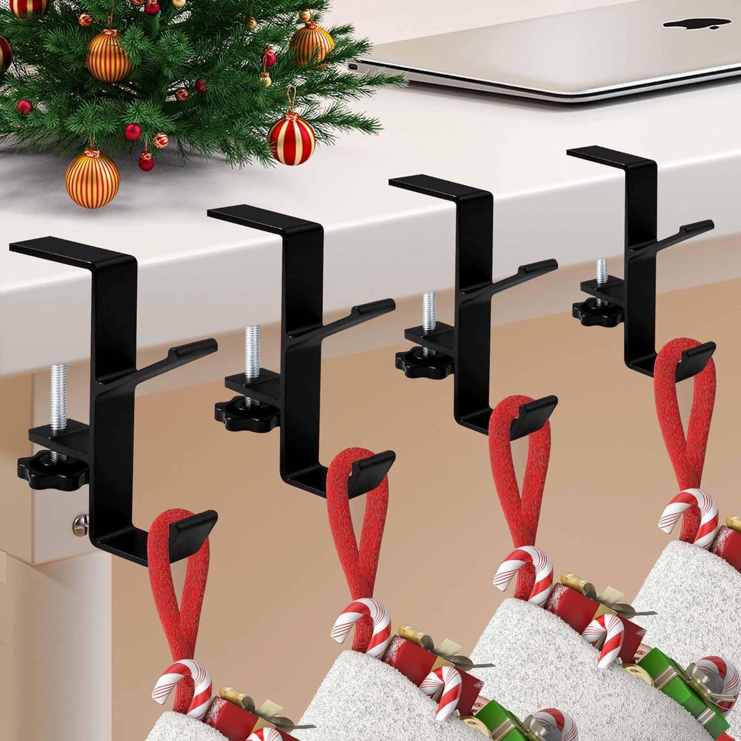 Guojanfon Garland and Stocking Mantel Holders with 2 Hooks, Mantel Hanger for Garland, 2 in 1 Mantel Garland and Stocking Hangers Heavy Duty, Fireplace Garland Hanger for Xmas Decoration (4Black)
