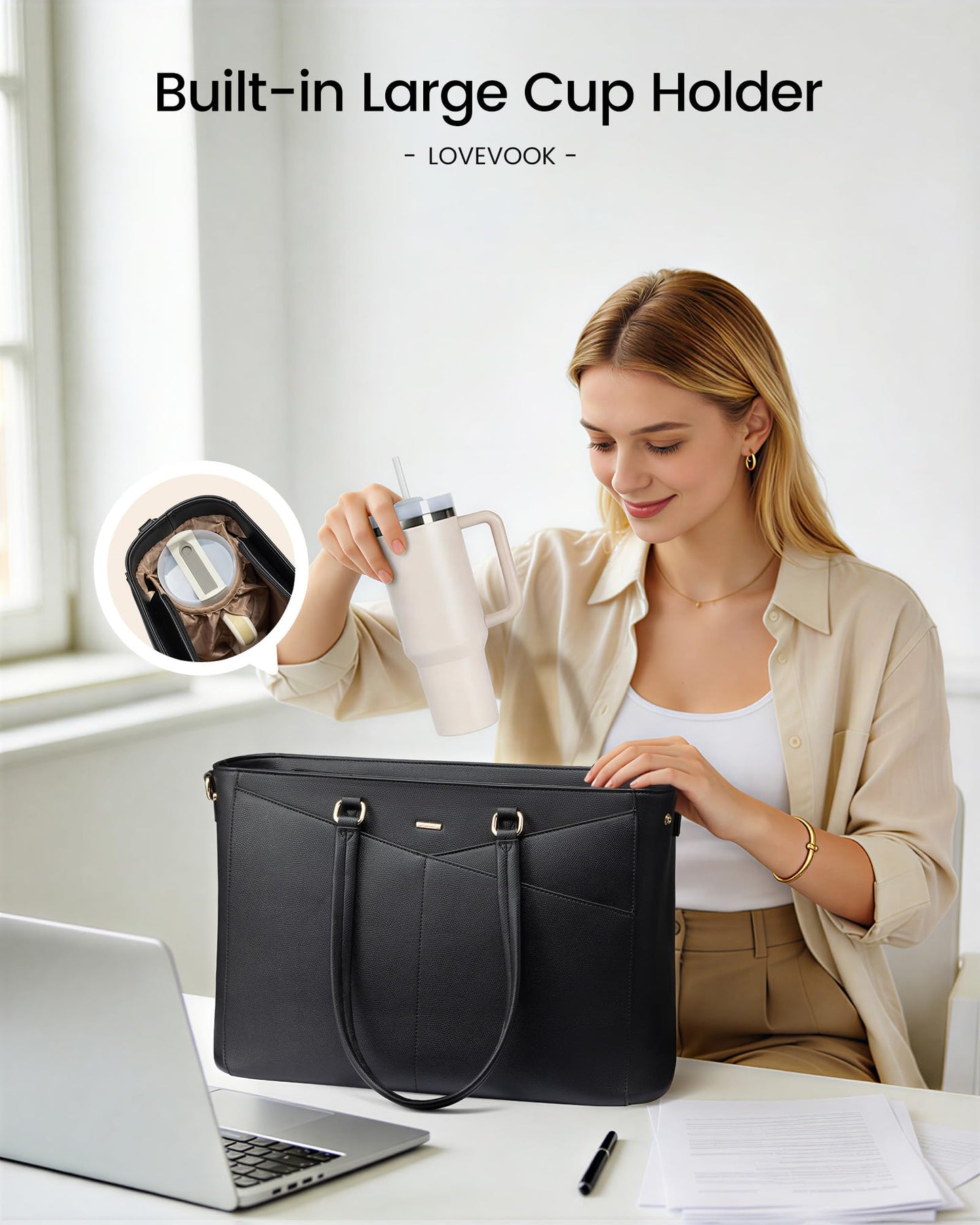 LOVEVOOK Laptop Tote Bag for Women 15.6 Inch Leather Work Bags with Large Cup Holder for Teacher Work Business,Black