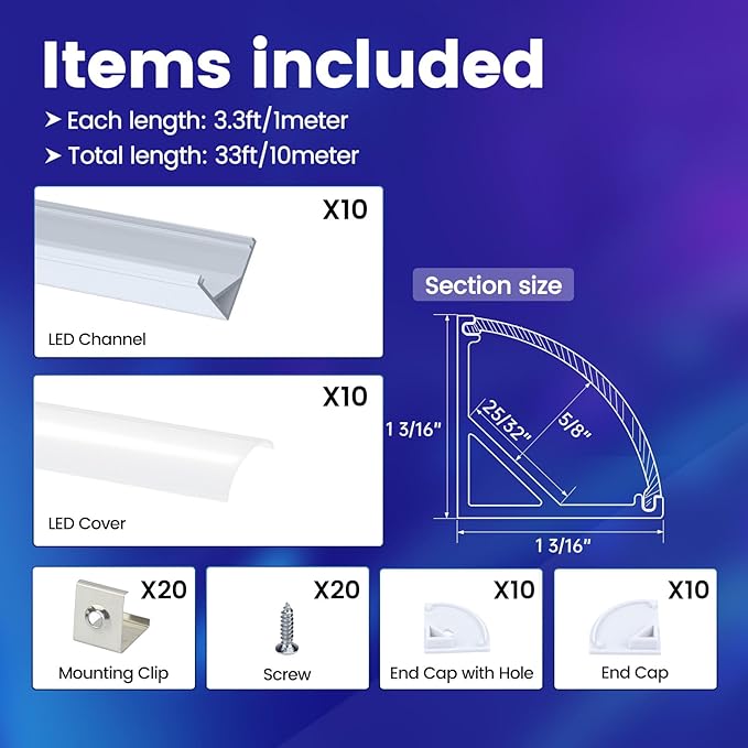 Muzata 10Pack 3.3FT/1M Plus-Size Spotless V Shape LED Channel Silver Aluminum LED Diffuser Channel with Milky White Cover V101 WW 1M
