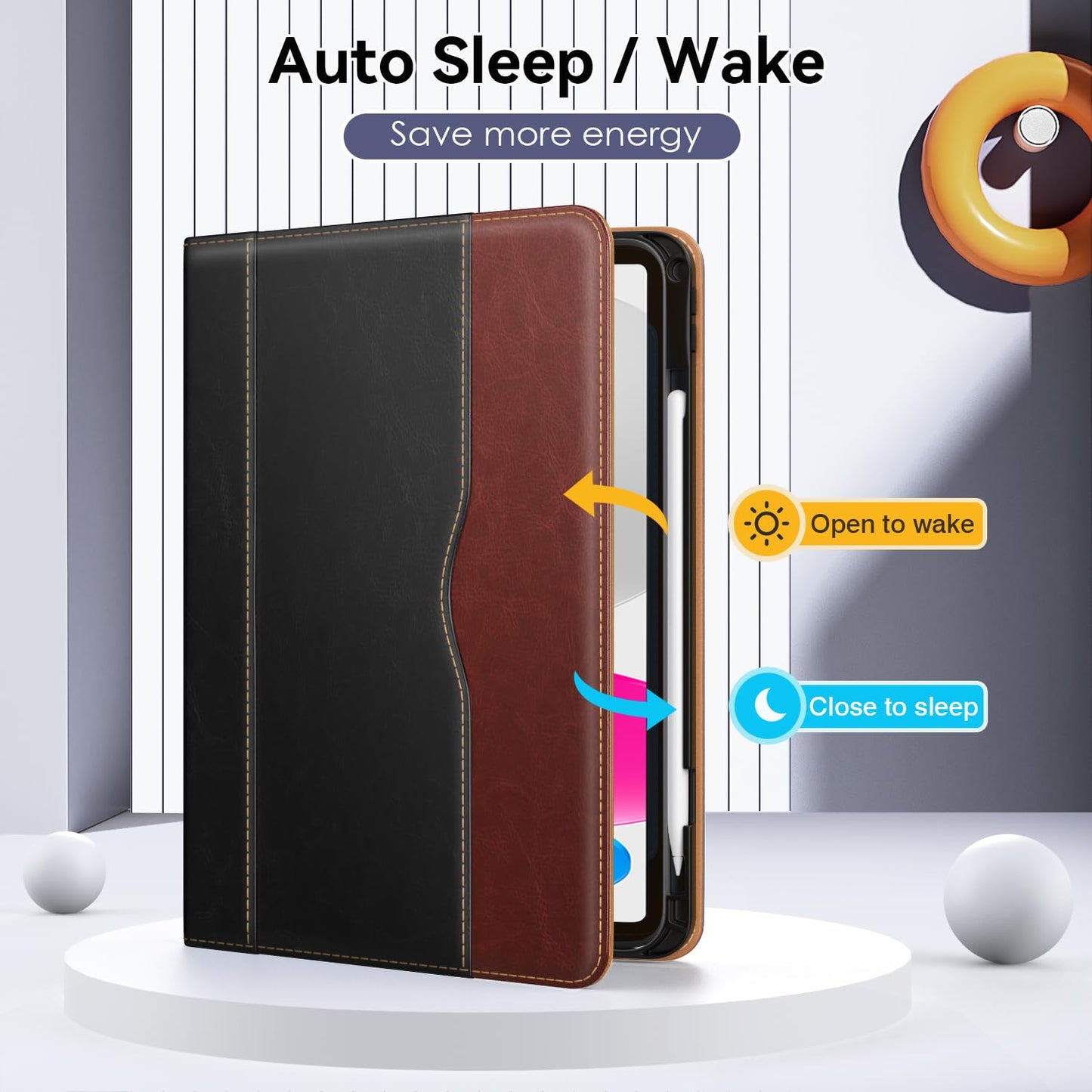 OKP Case for iPad A16 11th Generation 2025 / 10th Gen Case 2022, for 11 Inch / 10.9 Inch iPad Multi-Angle Viewing PU Leather Stand Cover with Pencil Holder & Pocket, Auto Sleep/Wake, Black Brown