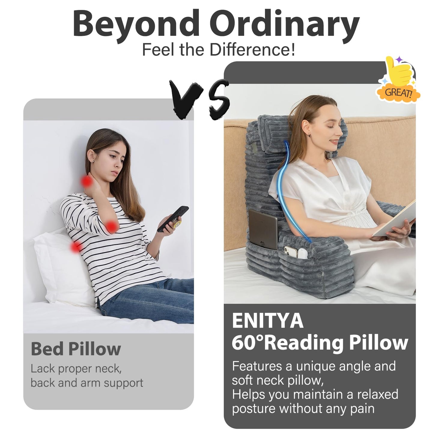ENITYA 22" XL Back Pillow for Bed Sitting Up, Reading Pillow with Armrests & Big Pockets, Soft Back Support Chair, Ideal for Watching TV, Gaming, Nursing, Resting, Post Surgery, Dark Grey