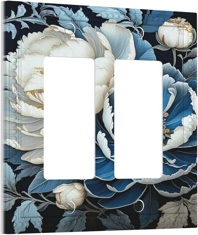 White Blue Flower Peonies Dual Outlet Covers Wall Plate 2 Gang Rocker Decora Decorative Switchplate Electrical Faceplate GFCI Light Switch Covers for Farmhouse Living Decor