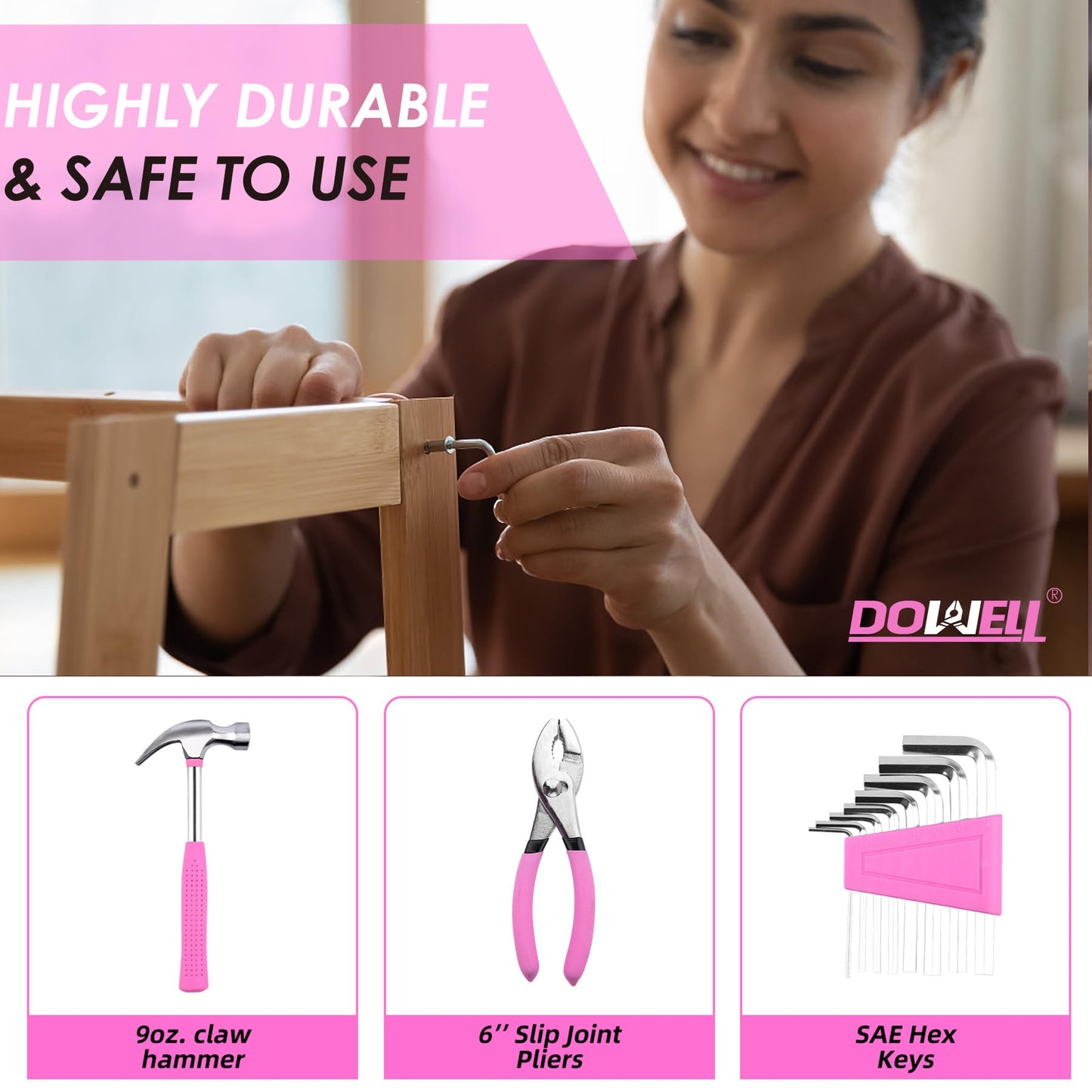 DOWELL 40 Piece Home Tool Set Pink, General Household Hand Tool Kit with Plastic Toolbox Storage Case, Mini Repair Tool kit for Women, College Students, Home Use & More