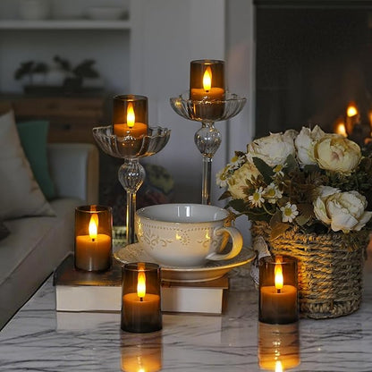 Rechargeable Acrylic Flameless Votive Candles with Timer & Remote Control, 1.7" x2.5" Flickering LED Warm Glow Tealight for Home, Wedding, Holiday Decor (Set of 9, Grey)