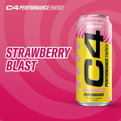 C4 Performance Energy Drink | Strawberry Blast | Zero Sugar Carbonated Preworkout Energy | 200mg Caffeine with Beta Alanine | 16 Fl Oz (12 Pack)