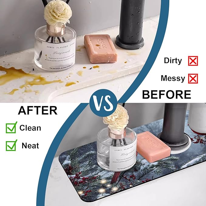 Winter Sink Splash Guard Faucet Mat Cardinal Christmas Super Absorbent Fast