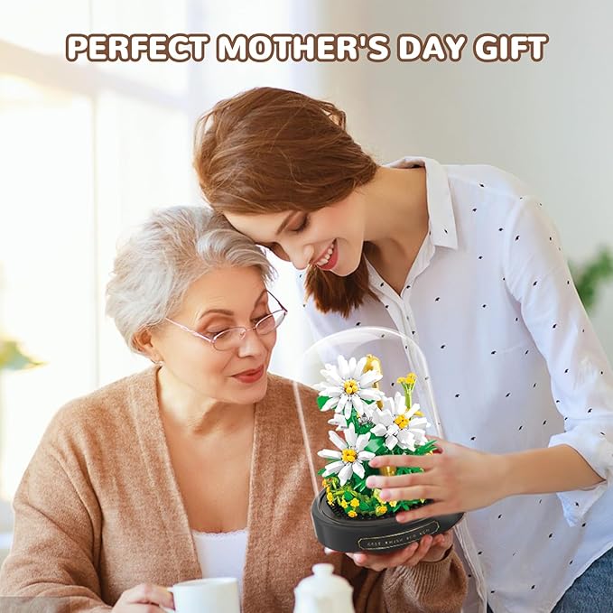 QLT QIAOLETONG Flower Bouquet Building Set 490 PCS White Daisy Mini Building Blocks Kit for Adults Flower Botanical Collection for Home Decor Mother's Day for Mom