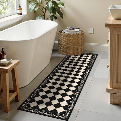 Beeiva Checkered Bathroom Runner Rug 2x6, Black and White Washable Runners for Hallways Non Slip, Moroccan Trellis 2x6 Rug for Besides Laundry Kitchen, Checkerboard Stain Resistant Bathroom Decor
