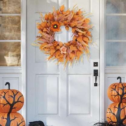 Fall Wreaths for Front Door 26 Inch, Front Door Wreath with Sunflowers Roses and Realistic Full Leaves, Outdoor Wreaths for Front Door Porch Farmhouse Home Harvest Thanksgiving Decor