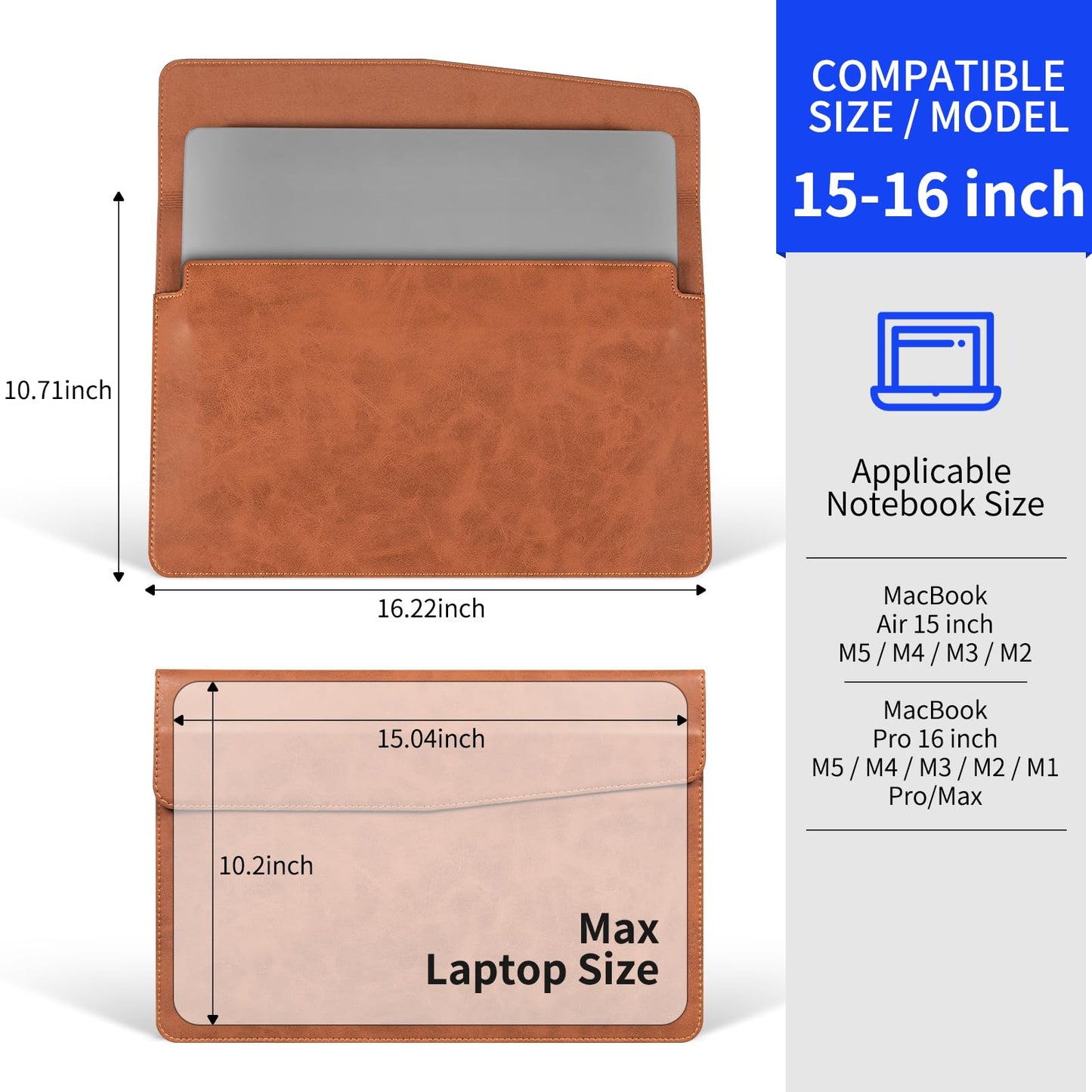 CPNVWA 16 Inch Leather Laptop Sleeve Compatible with MacBook Pro 16 Inch M5 M4 M3 M2 M1 Pro/Max＆MacBook Air 15 Inch M5 M4 M3 M2, Genuine Leather Protective Case Cover,Vintage Brown