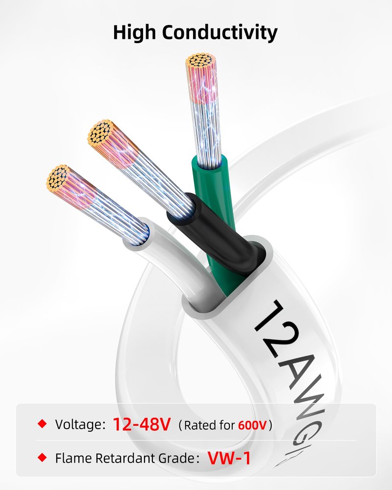 NAOEVO 12 Gauge Marine Wire, 12/3 Triplex Marine Electrical Cable, Waterproof/Insulated PVC/Oxygen-Free Tinned Copper 12 AWG Wire for Boat, Automotive, RV, Solar, LED, Trolling Motor (30FT)