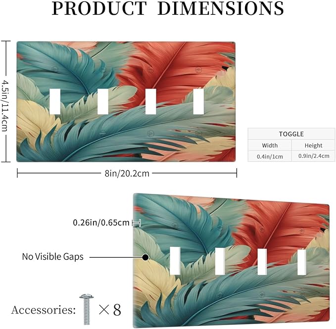 Colorful Feathers Blue Red Light Switch Covers Quad Toggle 4 Gang Wall Plate Decorative Switchplate Electrical Faceplate for Farmhouse Bathroom Living Decor