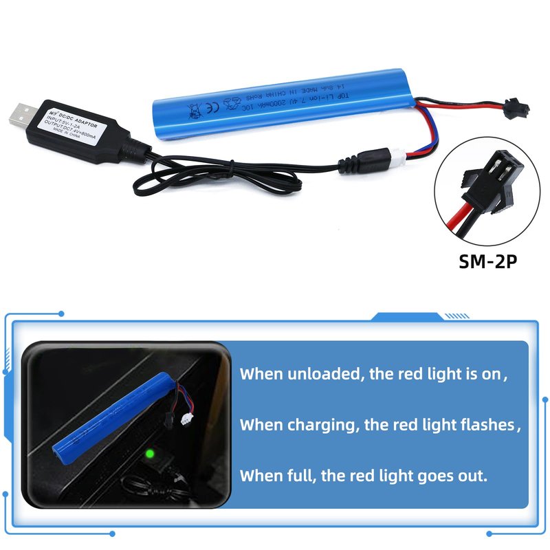 Tosiicop Airsoft Gel Blaster Battery - 7.4V 2000mAh Splatter Ball Batteries for SRB1200 SRB400 SRB400-SUB MP5K M4 M110 SM2P Plug Water Bead Airsofts with RechargeableUSB Charger 2 Pack