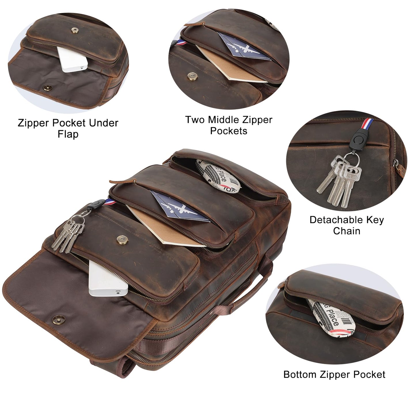 TIDING Full Grain Leather 17.3 Inch Laptop Backpack for Men, Convertible Business Briefcase Weekender Camping Bag Travel Rucksack