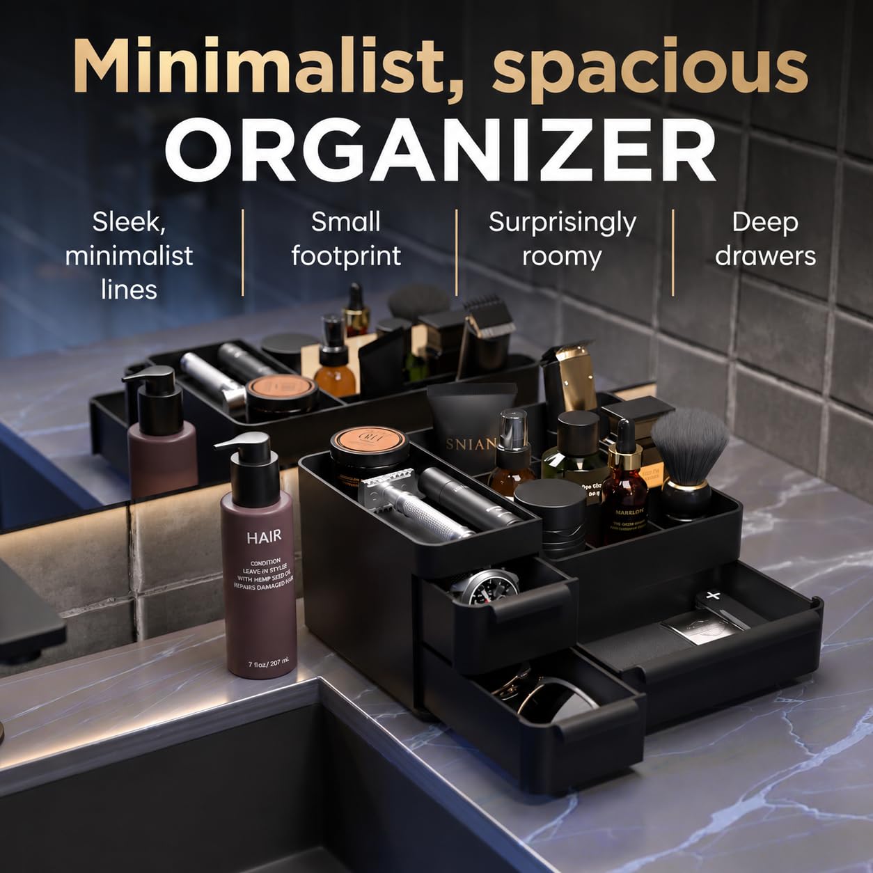 Rasydyn Men's Cologne Organizer with Drawers: Black Men Bathroom Counter Organizer, Dresser Organizer for Shaving Kit, Skincare, Gifts for Men