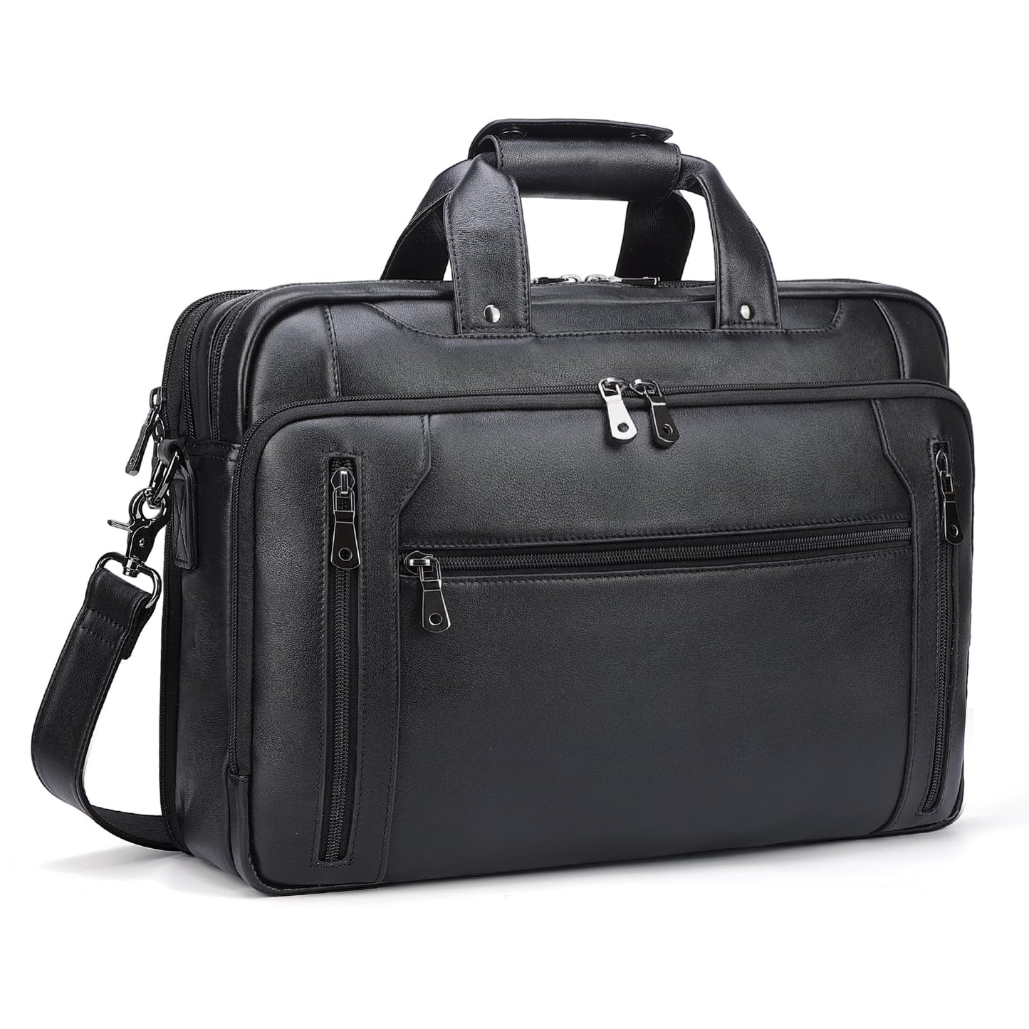 Masa Kawa Black Leather Briefcase for Men, Waterproof 16 Inch Laptop Computer Case, Crossbody Shoulder Messenger Bag for Business Travel, Office Work