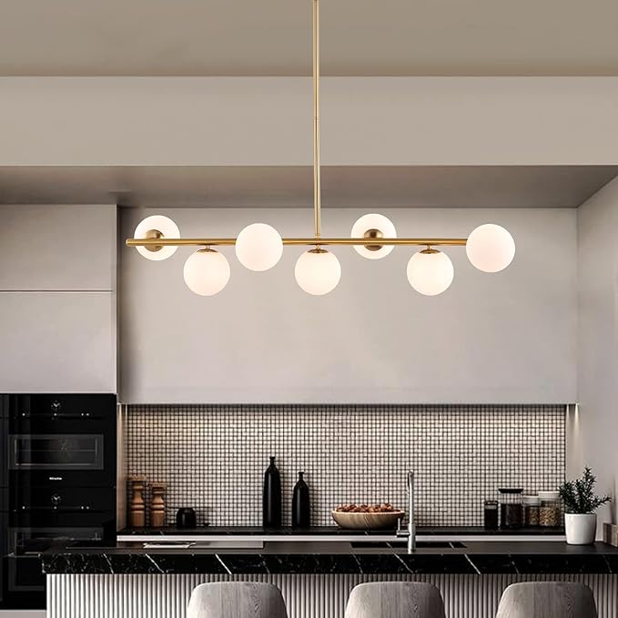 7 Lights Modern Sputnik Chandelier Globe White Glass Shade Brass Linear Mid Century Farmhouse Pendant Light Fixture for Kitchen Island Bedroom Dining Lighting (Gold)