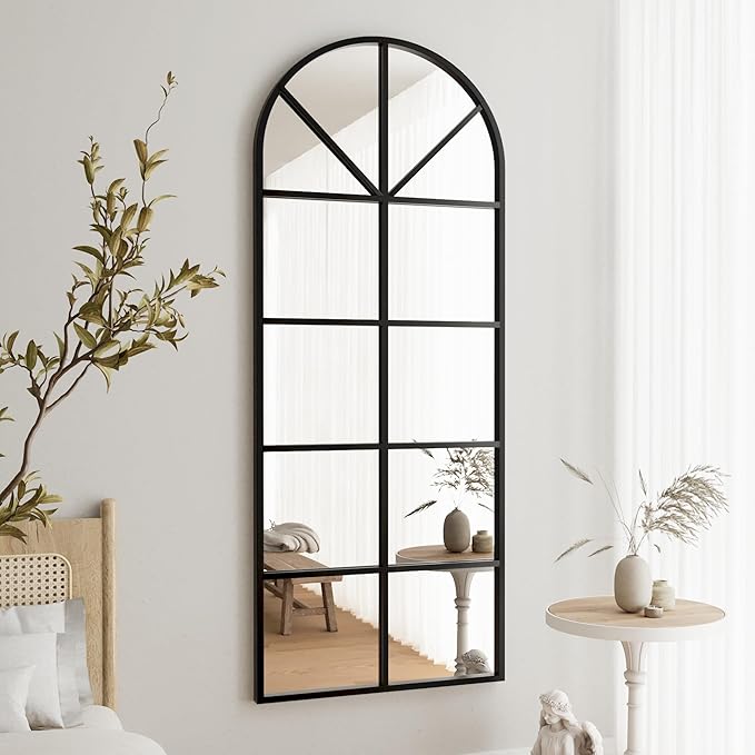 Full Length Mirror, 65"x22" Arched Window Pane Mirrors for Wall Decor, Black Full Body or Wall Mounted Mirrors, Farmhouse Standing Mirror Hanging or Leaning for Living Room, Entryway, No Stand