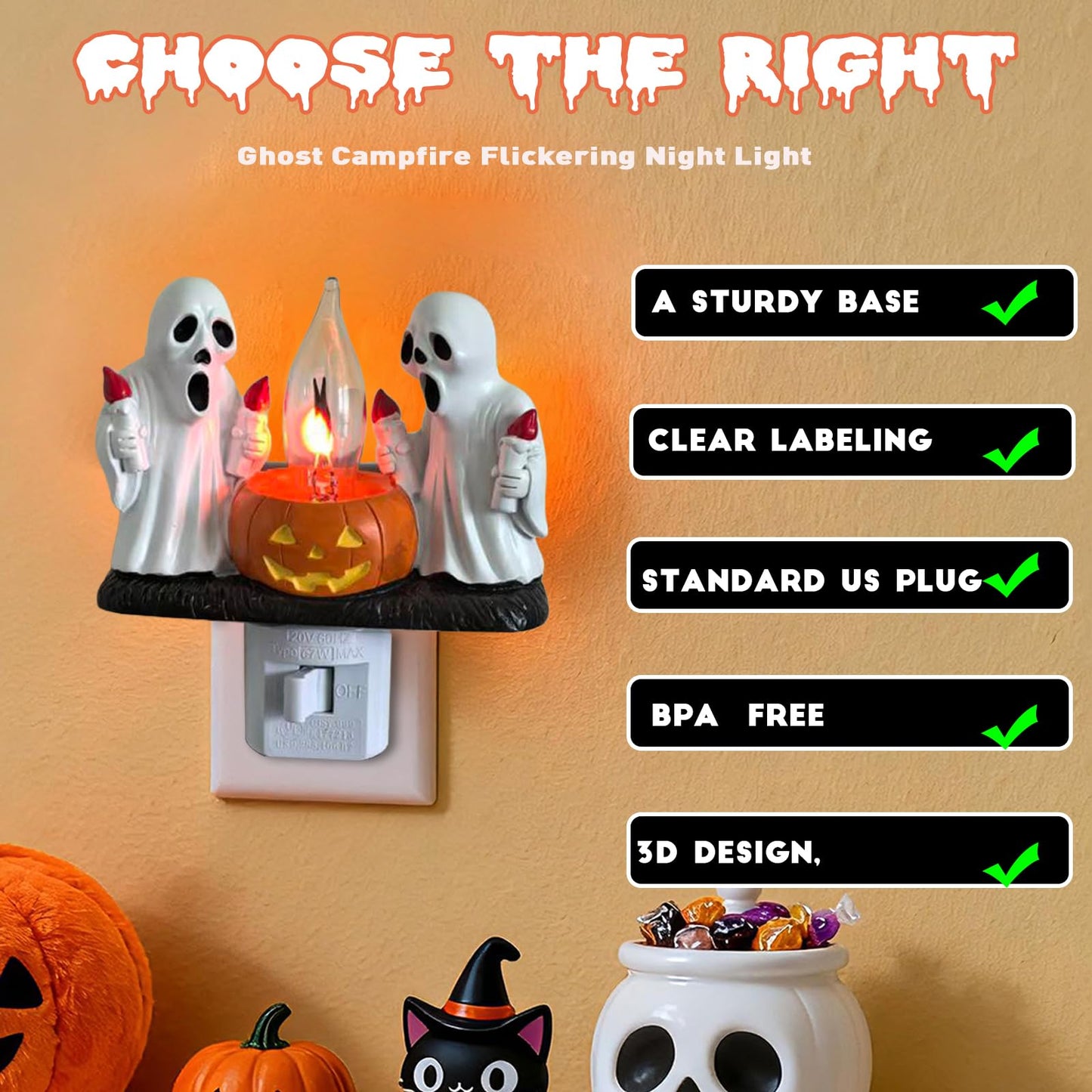 nlaa Ghost Campfire Nightlight,Halloween Campfire Flickering Night Light,3D Spooky Fire Marshmallow Night Light for Halloween Decor (Torch Ghost)