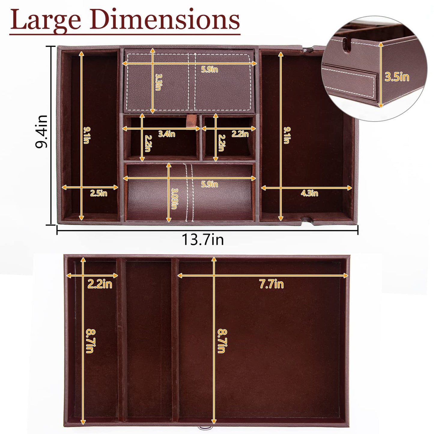 Baoyun Valet Tray for Men, 2 Layers Nightstand Organizers for Men and Women, Leather Jewelry Storage Box, Mens Dresser Top Organizer, Catch All for Jewelry Key Wallet and Phone (Brown)