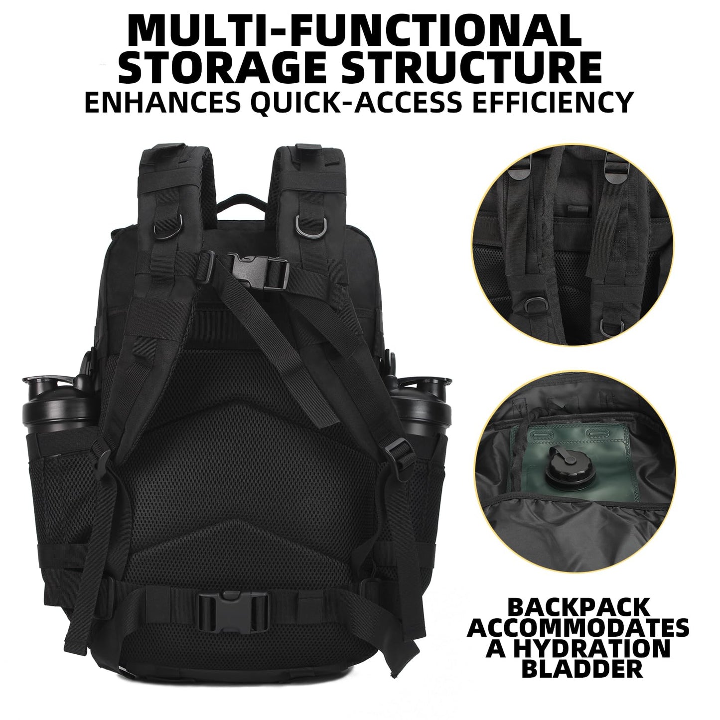 J.SH 45L Large Military Tactical Backpack for Men, EDC MOLLE Backpack, 900D Oxford Nylon, 3-Day Assault Rucking Pack, Heavy-Duty Tactical Gear for Outdoor Hiking,Gym, Rugged Survival&Bug Out Bag-Black